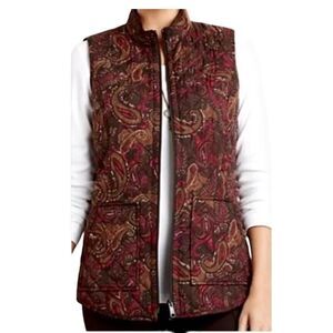 J. jill Heritage Quilted 2-Way Zip Front Vest Brown & Red Paisley Print